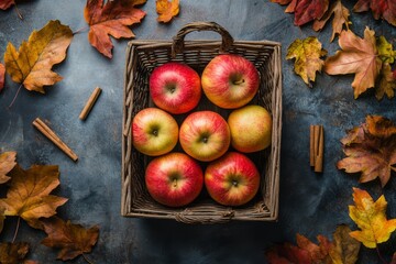 A flat lay of freshly harvested apples in a wooden basket with autumn leaves and cinnamon sticks
