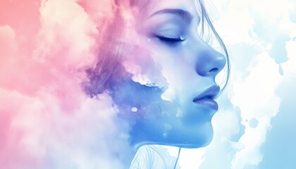 A woman's profile with her face partially obscured by dreamy clouds in a double exposure effect.