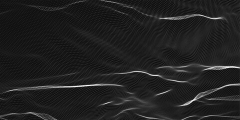 Futuristic black and white dot wave. Abstract digital particle wave. Technological background. Dark background. Digital background with smooth wavy curves. 3D rendering