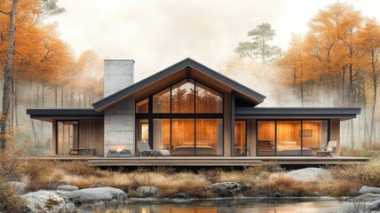Modern house surrounded by autumn trees and misty landscape.