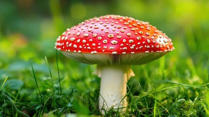 Red Mushroom in Lush Green Grass