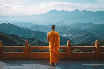 Fototapeta premium Monk Contemplating Cityscape From Mountaintop