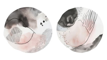 Minimalist abstract watercolor circle art set transparent image. Soft pink, black, gray tones within circular shapes isolated cutouts. Linear organic cut out cliparts design elements png