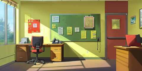 College Counselor's Office Wall: Covered in college admission guides, scholarship information, and a board with college application deadlines.