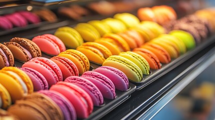 A close-up view of a display case filled with colorful macarons in a hypermarket.