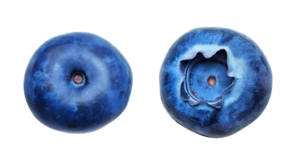 Two fresh blueberries with top and bottom views image isolated transparent. Organic berries cut out photo png. Smooth texture and natural indents cutouts elements objects photography