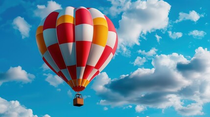 Fototapeta premium Colorful Hot Air Balloon Soaring Through Blue Sky with White Clouds
