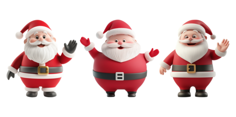 Set of Santa Claus characters waving in holiday cheer transparent image. Cheerful Santaclaus figures isolated cutouts 3d render. Christmas festive cut out cliparts design elements png