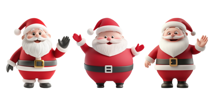 Set of Santa Claus characters waving in holiday cheer transparent image. Cheerful Santaclaus figures isolated cutouts 3d render. Christmas festive cut out cliparts design elements png