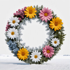 fleurs avec de la neige sur le sol et des montagnes en arri&egrave;re-plan, toutes de couleurs diff&eacute;rentes, art g&eacute;n&eacute;ratif, occlusion ambiante,