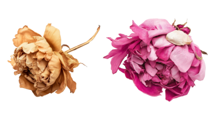 Pair of dried peonies in soft pink and beige shades image isolated transparent. Preserved paeonia petals cut out photo png. Rustic vintage decor cutouts elements objects photography