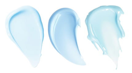 Three light blue cream swatches with glossy textures transparent image. Skincare lotion samples isolated cutouts 3d render. Facial creamy smears cut out cliparts design elements png