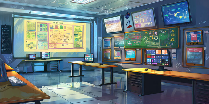 School Technology Coordinator's Wall: Displaying technology integration tips, software updates, and a board with technology training schedules