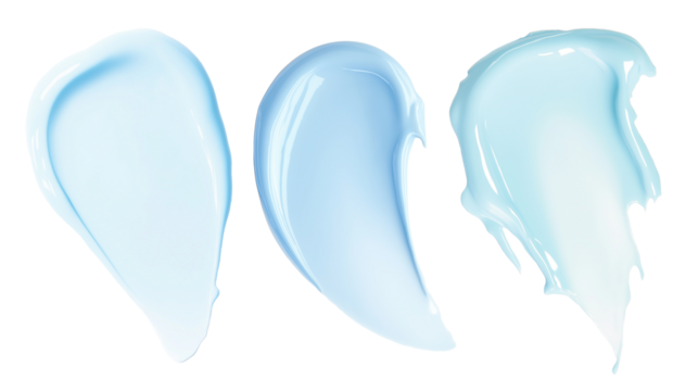 Three light blue cream swatches with glossy textures transparent image. Skincare lotion samples isolated cutouts 3d render. Facial creamy smears cut out cliparts design elements png