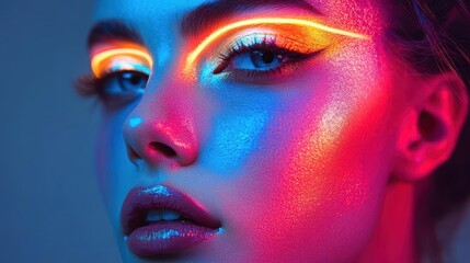 Creative makeup looks with vibrant neon colors, dynamic lighting, sharp focus, futuristic feel, high fashion atmosphere