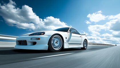 Fototapeta premium White Sports Car Speeding on a Highway