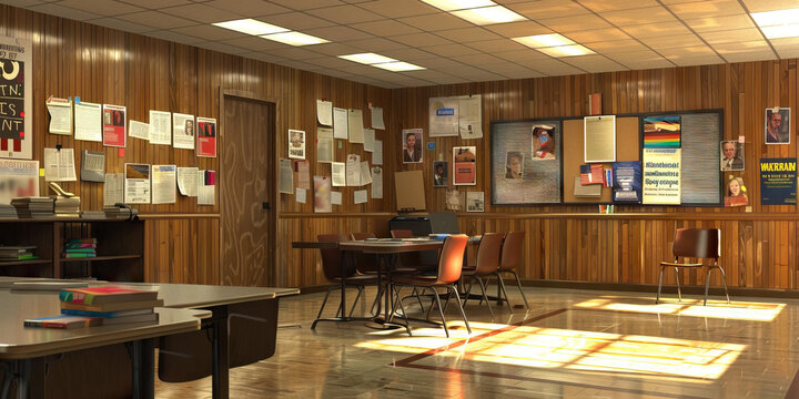 Student Government Advisor's Wall: Adorned with student council election posters, meeting agendas, and a board with student government projects