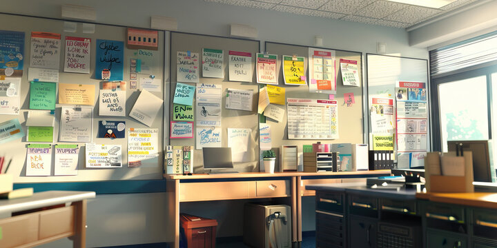 Student Government Advisor's Wall: Adorned with student council election posters, meeting agendas, and a board with student government projects