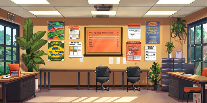 Student Government Advisor's Wall: Adorned with student council election posters, meeting agendas, and a board with student government projects