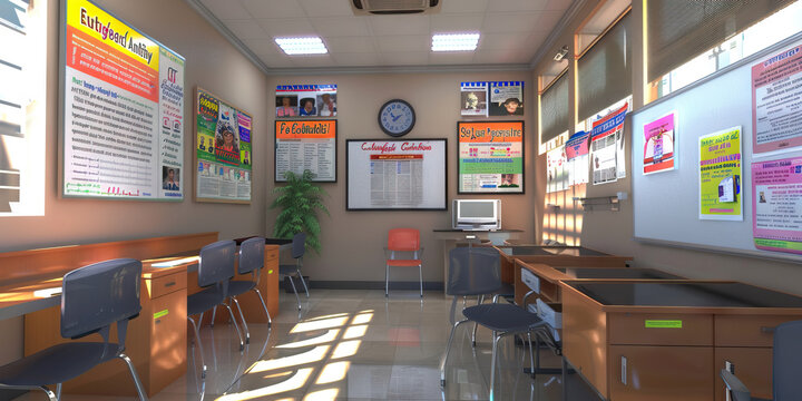 Student Government Advisor's Wall: Adorned with student council election posters, meeting agendas, and a board with student government projects