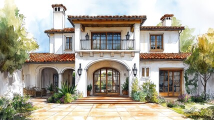 Elegant Mediterranean-style home with lush landscaping.