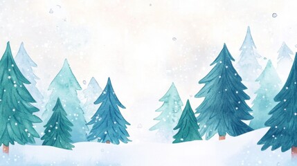 Obraz premium Watercolor Christmas forest with snowy evergreen trees and gentle snowfall.