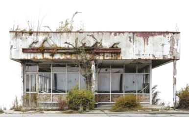 Mid century destroyed building corrosion animal person.
