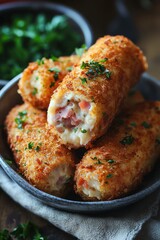 Fototapeta premium Croquetas: Fried breadcrumb rolls filled with béchamel and ham.
