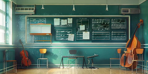 Music Room Wall: Displaying music theory charts, instrument care instructions, and a board with music ensemble rehearsal schedules
