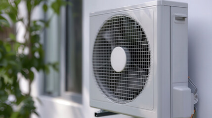 Electric Heat Pump Installation, showcasing a close-up view of an energy-efficient heat pump mounted on the side of a house, highlighting its role in heating and cooling.