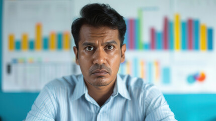 South Asian businessman in deep focus analyzing a complex chart, intense expression highlighting determination and analytical skills, suitable for promotional materials.