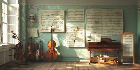 Music Room Wall: Displaying music theory charts, instrument care instructions, and a board with music ensemble rehearsal schedules