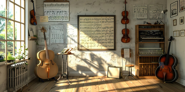 Music Room Wall: Displaying music theory charts, instrument care instructions, and a board with music ensemble rehearsal schedules