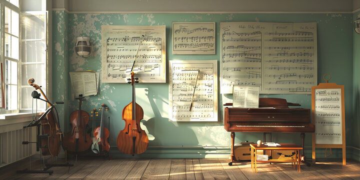 Music Room Wall: Displaying music theory charts, instrument care instructions, and a board with music ensemble rehearsal schedules
