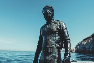Fototapeta premium A Diver in Full Gear Stands on a Boat Deck, Ready for the Ocean