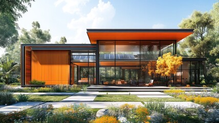 Modern house with vibrant orange accents and solar panels.