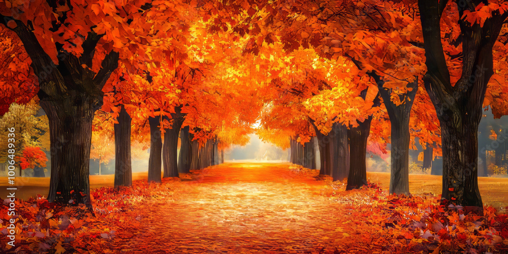 Canvas Prints tree-lined autumn path with bright orange and red leaves. digital illustration with glowing sunlight