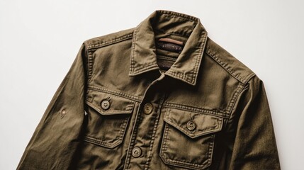 Naklejka premium A classic olive green men's utility jacket, displayed prominently against a clean white background, perfect for rugged outdoor fashion