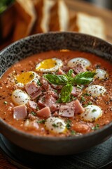 Salmorejo: Thick, cold tomato soup garnished with ham and eggs.