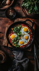 Four eggs with herbs in tomato sauce cooking in cast iron skillet