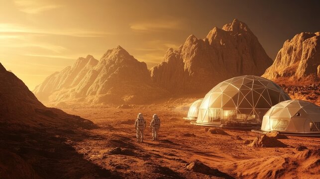 A colony of humans living on Mars, with domes and greenhouses visible on the surface.