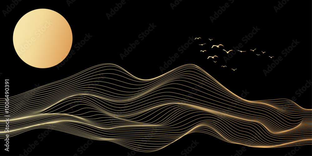 Poster abstract ocean waves, flowing wavy line pattern in luxury line art style. mountain landscape with su