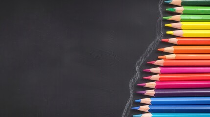 Vibrant Rainbow Pencils on Chalkboard, a diagonal arrangement of colorful pencils against a dark surface, enhancing creativity with ample space for ideas and notes
