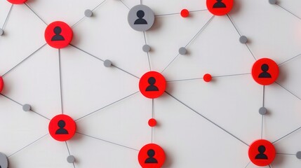 Network of interconnected red and gray user icons on a white background, symbolizing social connections and abstract visualization of relationships and interactions.