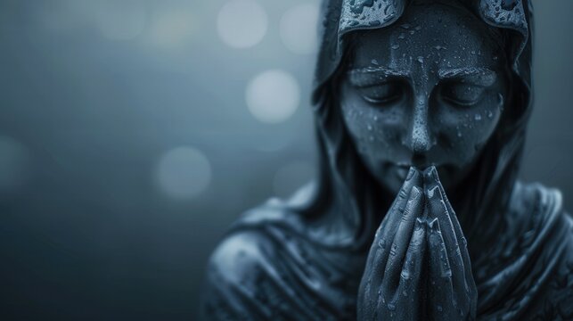 Sad woman statue representing grief and sorrow, ideal for a funeral services web banner, conveying deep emotions related to mourning and remembrance, evokes reflection and compassion