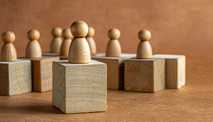 Winner concept. One wooden figure on cube among others on light brown background, selective focus