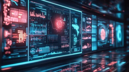 Obraz premium Healthcare technology with digital holographic displays, vibrant lighting, futuristic design, high-tech atmosphere