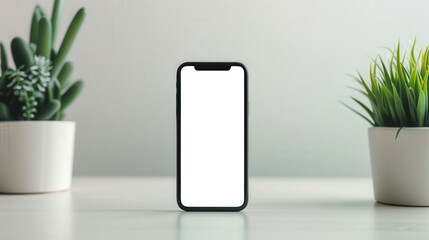 Sleek smartphone on a minimalist desk in a modern office, showcasing its detailed display and clean design, perfect for a tech-driven workspace with professional aesthetics.
