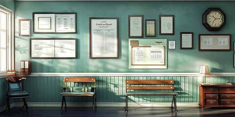 Doctor's Office Wall: Displaying medical diplomas, patient charts, and a board with treatment plans