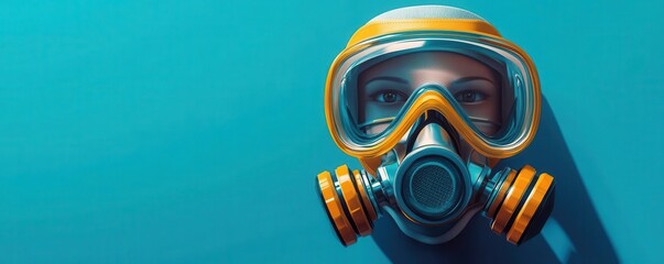 Close-up of a person wearing a modern gas mask, showcasing safety and protection against hazardous environments.